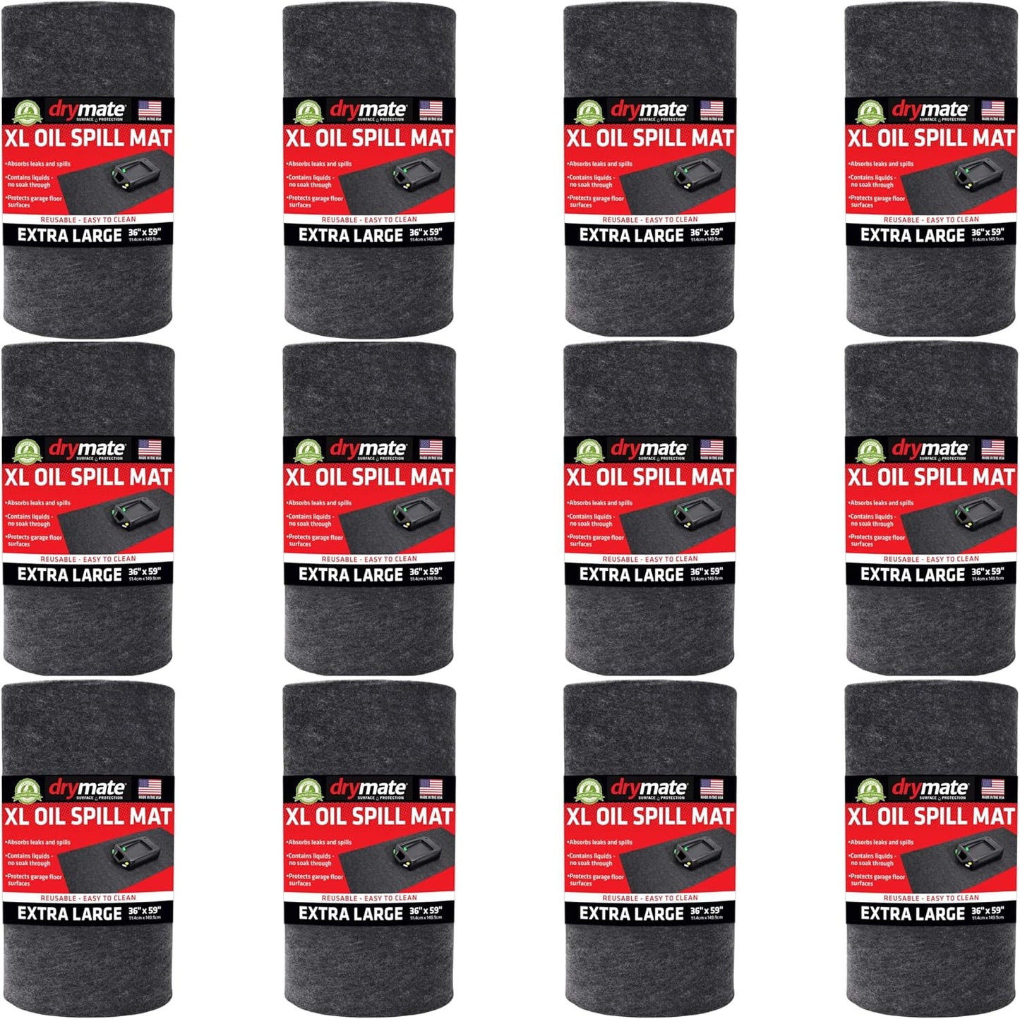 Drymate XL Oil Spill Mat (36" x 59") (12-Pack), Premium Absorbent Oil Pad, Reusable, Washable, Durable, Waterproof Backing Contains Liquids, Protects Garage Floor Surface (USA Made)