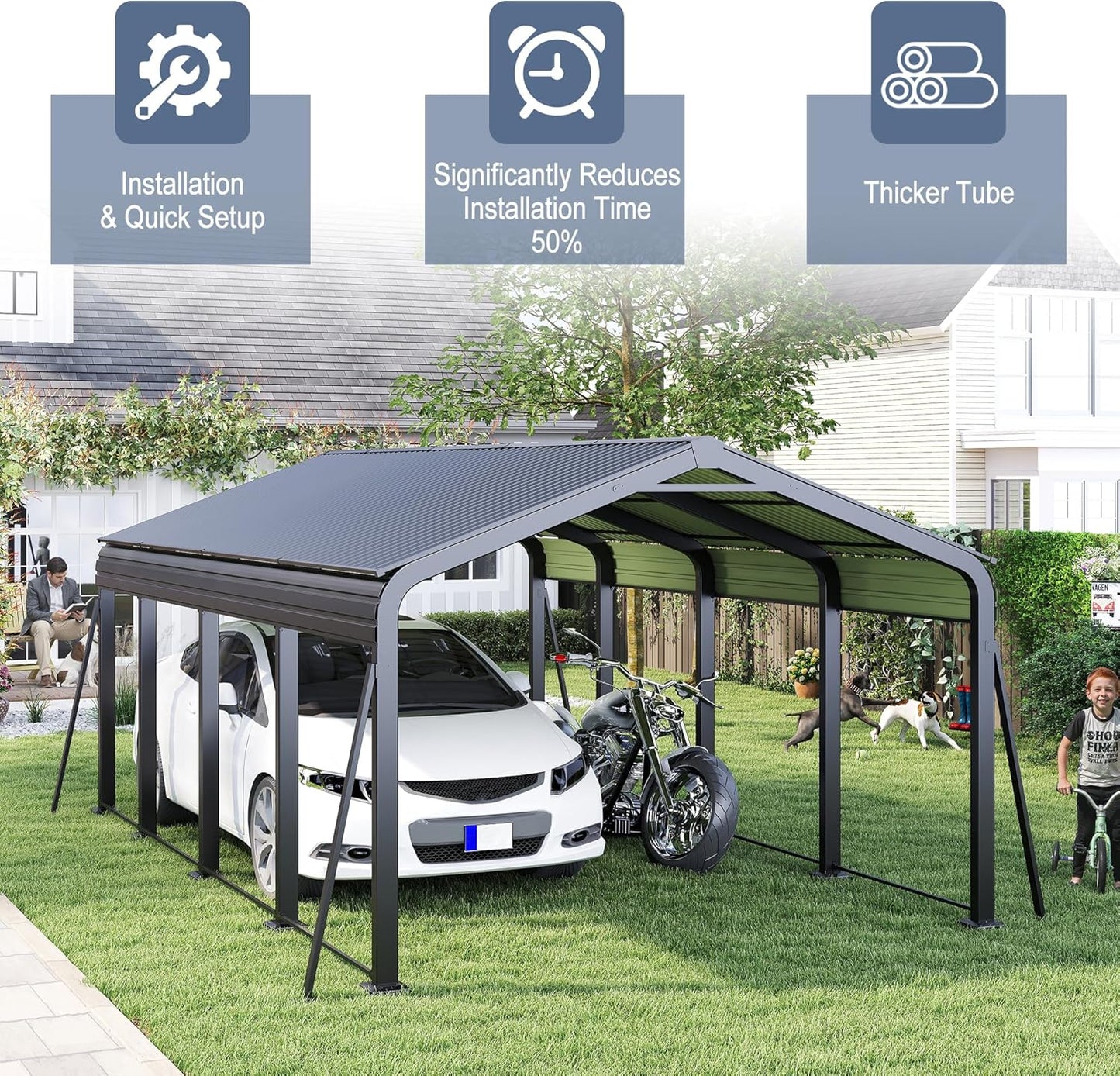 12x20 FT Metal Carport, Heavy Duty Car Port Canopy with Galvanized Steel Roof & Frame, Large Metal Carport Kit, Outdoor Car Garage, Steel Car Shelter for Car, Boat, Truck, Dark Gray