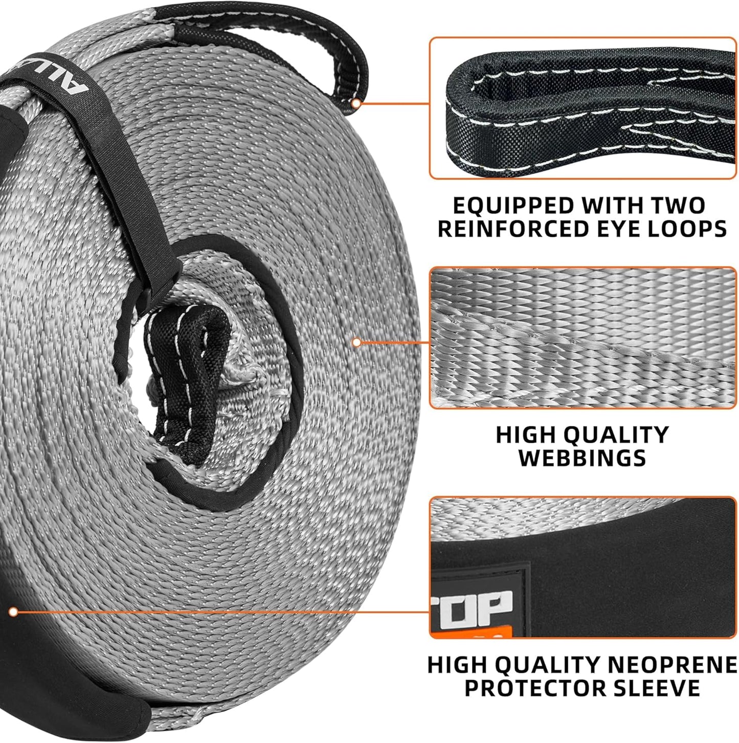 ALL-TOP Winch Extension Strap 2in x 65.6ft Min Break Strength 11000Lbs, Extend Reach of Winch Cable/Rope for Winch Rating Under 13500Lbs