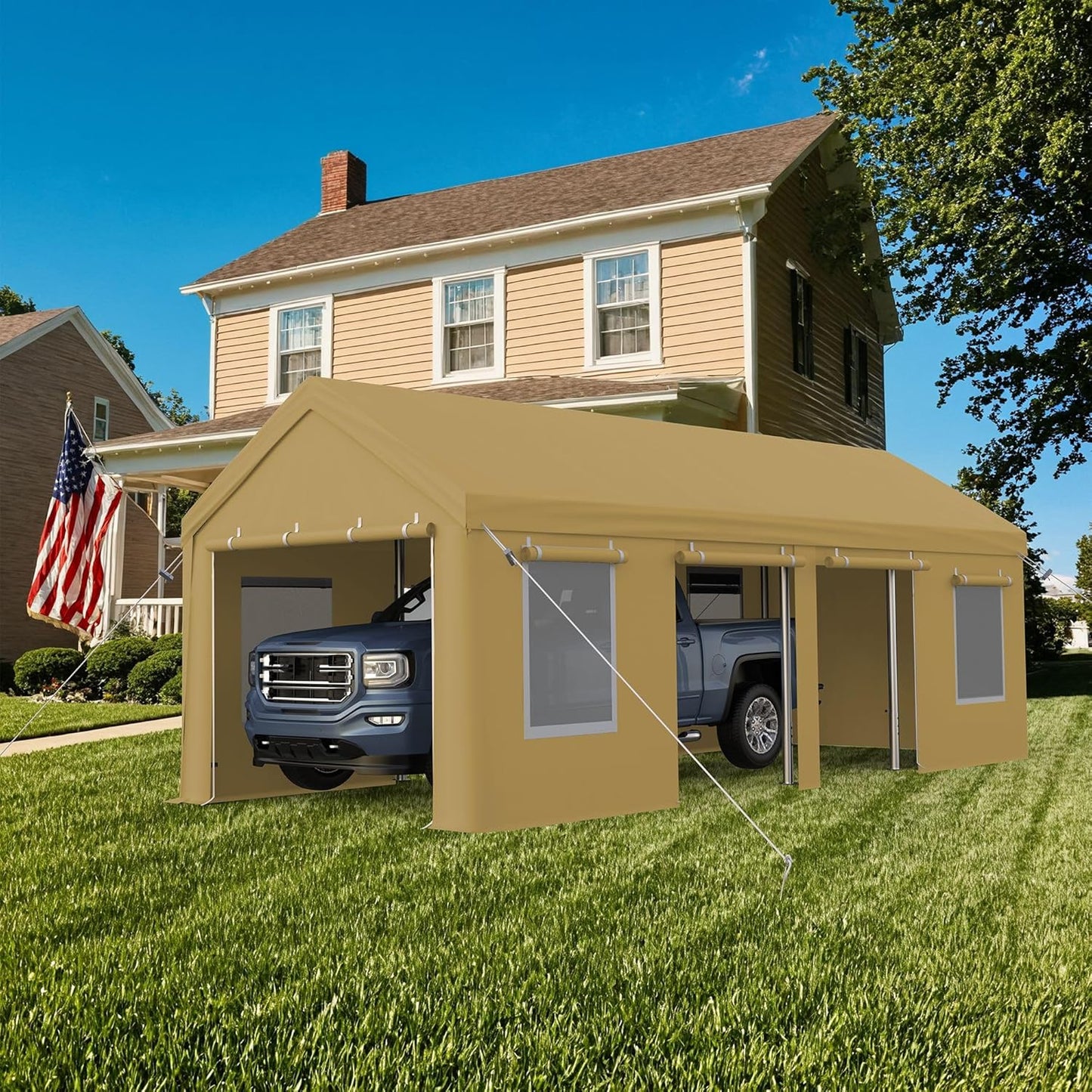 13x25ft Carport, Heavy Duty Carport with Reinforced Steel Poles, Upgraded Portable Garage with Doors & Window, UV Resistant All-Season Waterproof Tarp, for Car, Truck, Boat (Yellow)