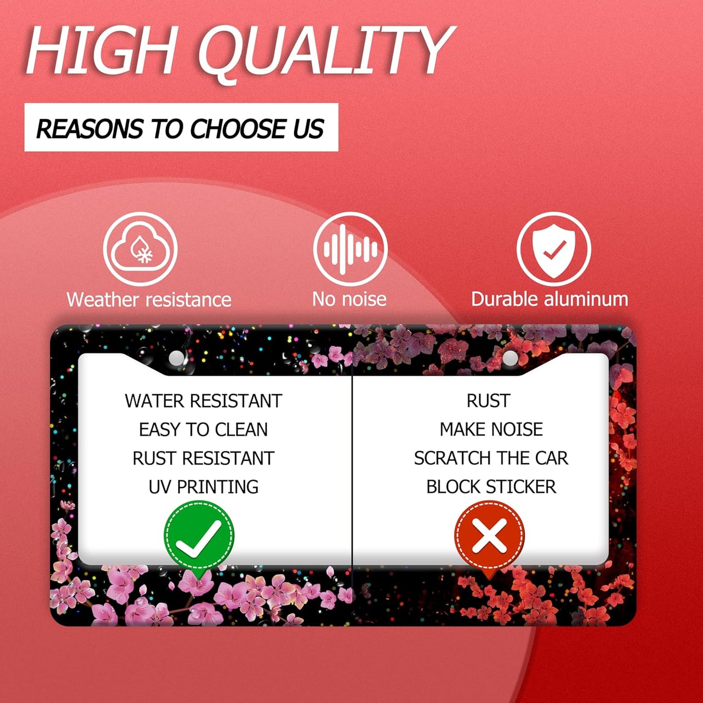 Cherry Blossom License Plate Frame Beautiful Flowers License Plate Frames Stainless Steel Accessories Cars Decor With 2 Holes And Screws Fits Standard Us Ca Vehicles License Plate Holder 12.2 X 6 Inch