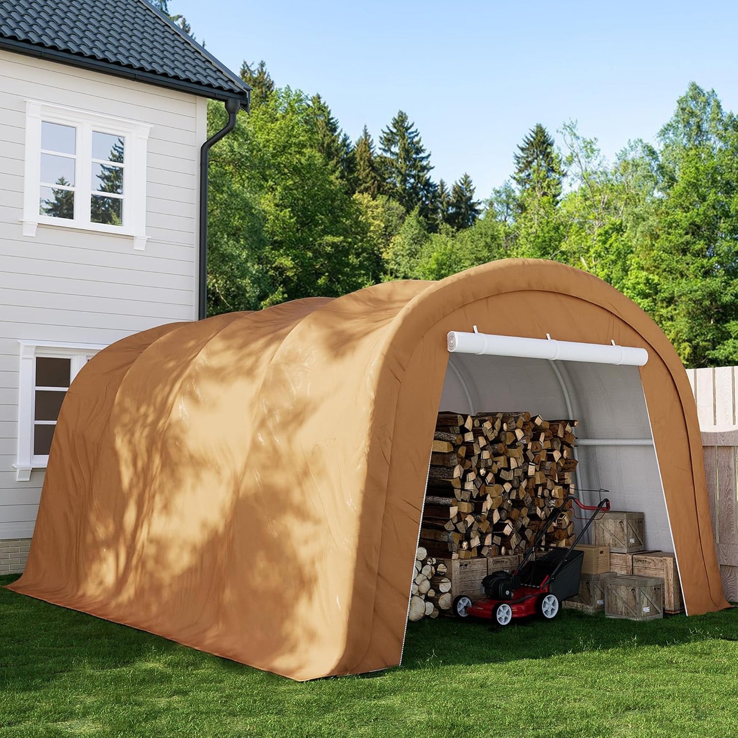 SUNBURY Carport, Round Portable Garage, Outdoor 13x20 ft Heavy Duty Carport, Tensioner and 2 Roll Up Doors Waterproof PE Fabric Car Port, Garage, Storage Shed, Tent for Storage, SUV, Brown