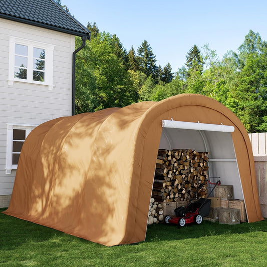 SUNBURY Carport, Round Portable Garage, Outdoor 13x20 ft Heavy Duty Carport, Tensioner and 2 Roll Up Doors Waterproof PE Fabric Car Port, Garage, Storage Shed, Tent for Storage, SUV, Brown