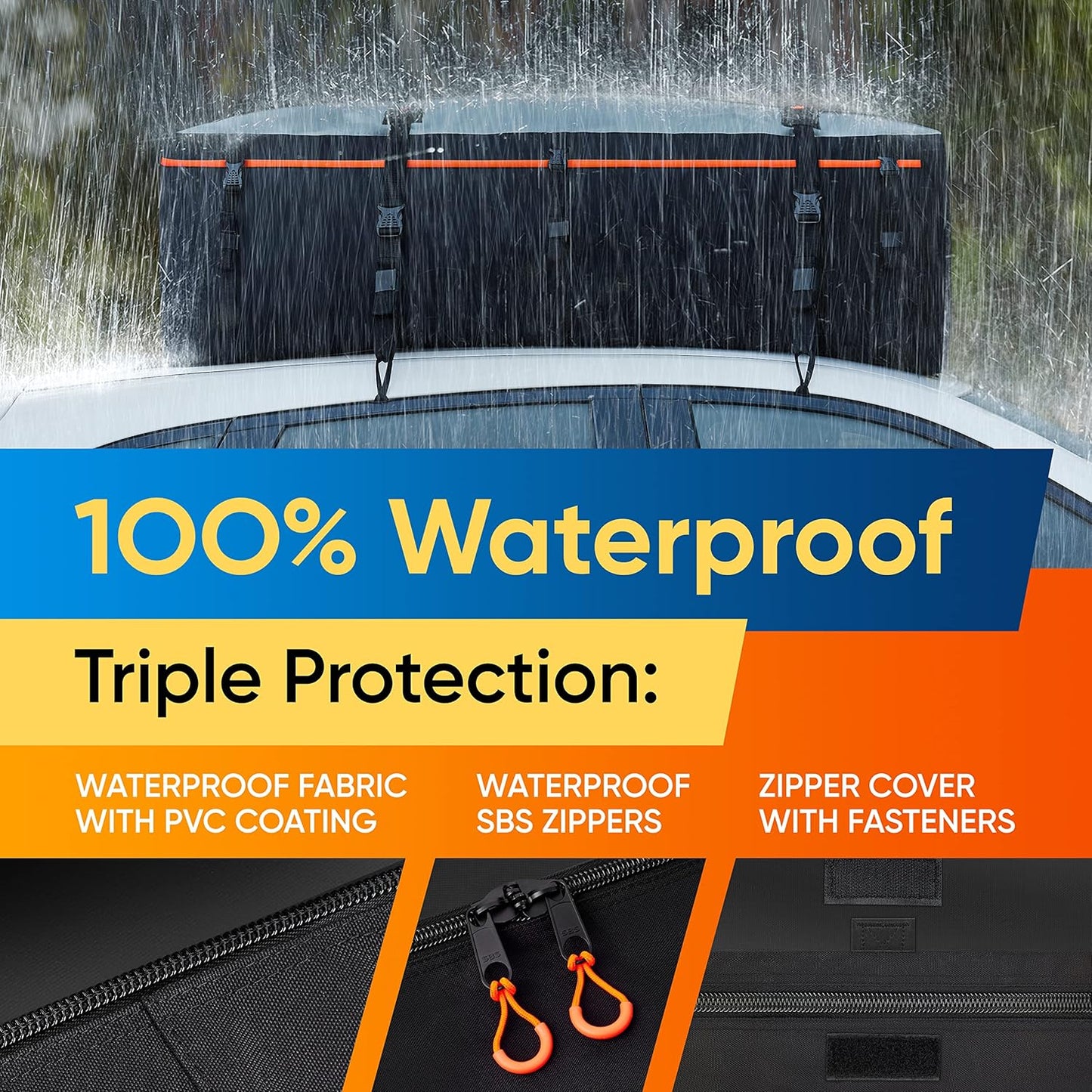 Military-Grade Waterproof Roof Bag - Rooftop Cargo Carrier – 19 Cubic Feet. (540L) with 4 Door Hooks, Zipper/Buckle Closure, Extra Strap – Black Roof Bag for Cars with or Without Rack
