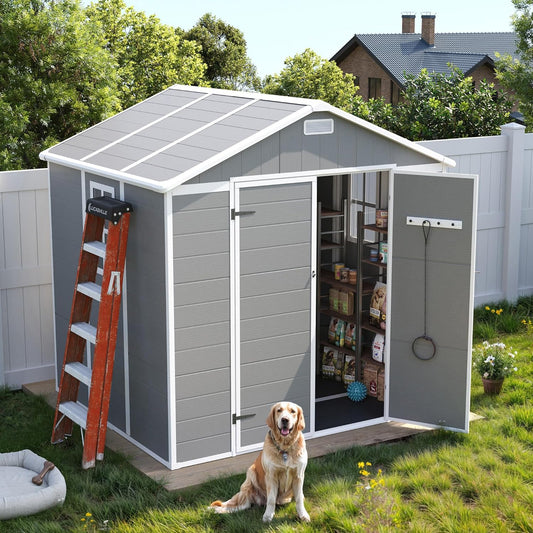 UDPATIO Resin Storage Shed 8 x 6 FT, Outdoor Garden Sheds with Floor Plastic Patio Outdoor Storage Shed with Lockable Door, Gray White