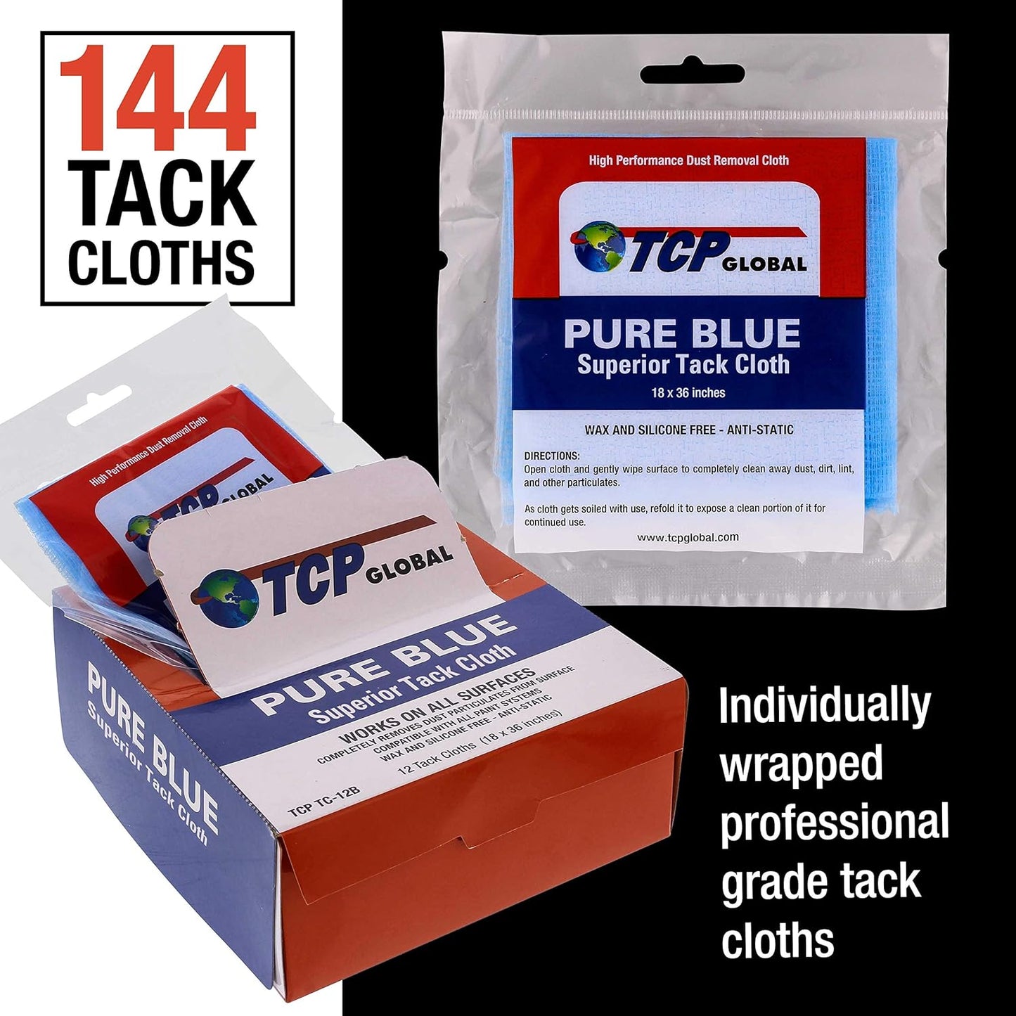 TCP Global Pure Blue Superior Tack Cloth, 144-Pack, Automotive & Woodworking, Dust/Stain/Paint Rags, Tac Cloth for Autobody