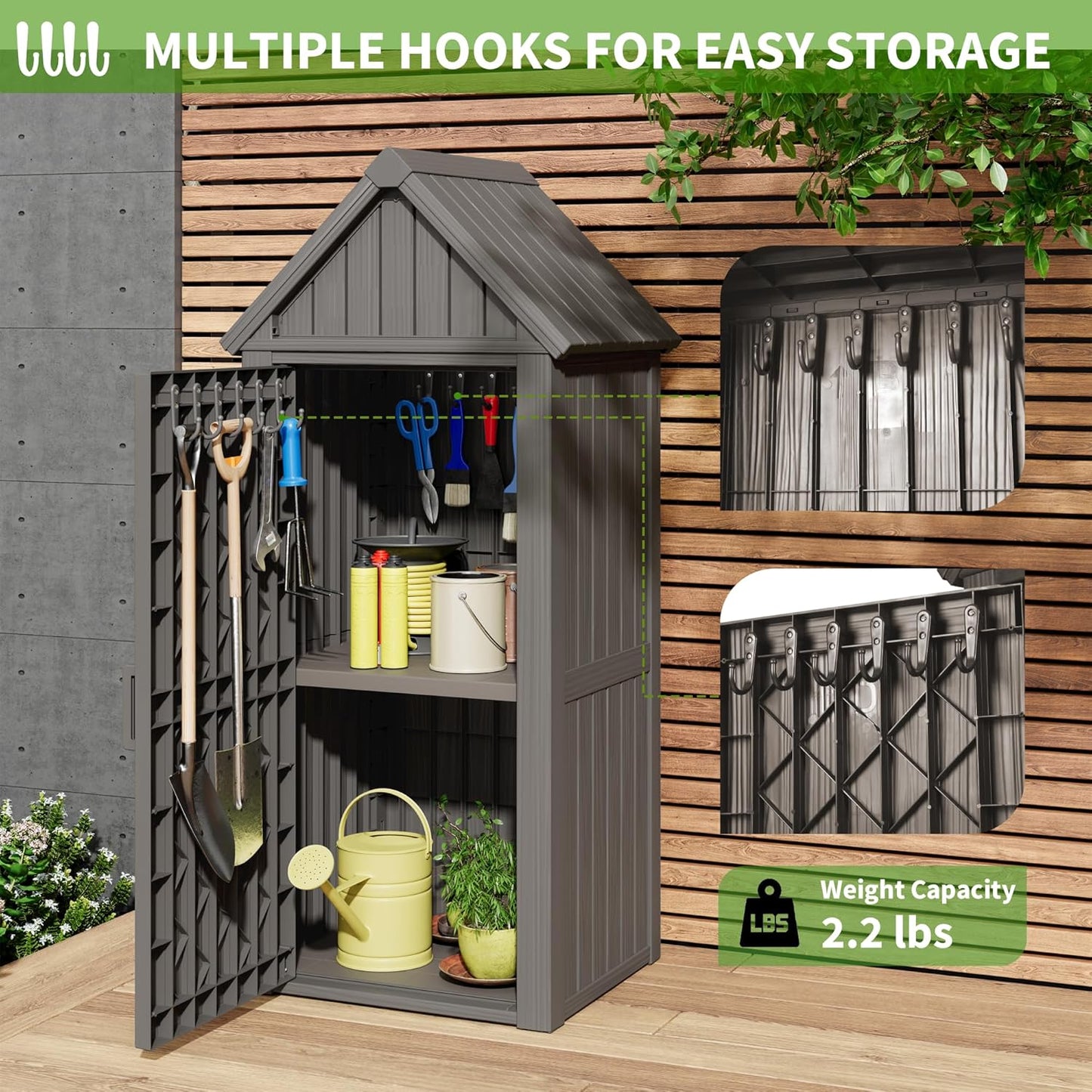 Shed Outdoor Storage Shed with Sloping Roof and Lockable Door, Resin Outdoor Storage Box Cabinet Waterproof and Multiple Hooks for Backyard, Patio, Poolside, Grey