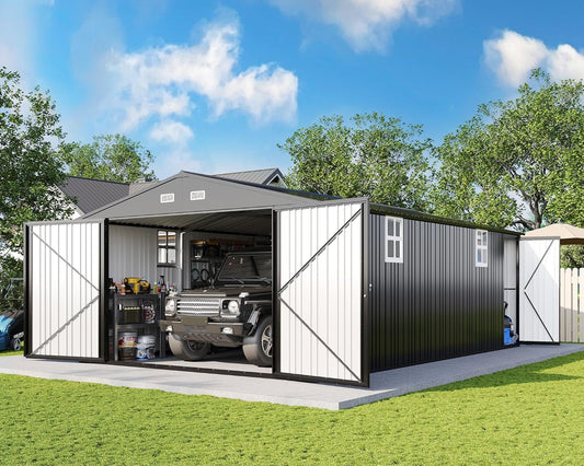 AMERLIFE 13.2x21x8.4 FT Outdoor Metal Garage Shed, Extra Large Storage Shed with Double Hinged Doors, 4 Windows, Carport for Car, Truck, Bike and Lawn Equipment, Dark Grey