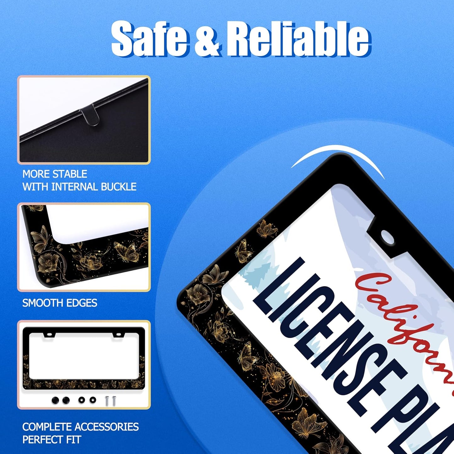 Butterfly License Plate Frame Golden Butterflies License Plate Stainless Steel Funny License Plate Holder for Men Women Universal Colorful Car Accessories Decoration 12.3" x 6.3"