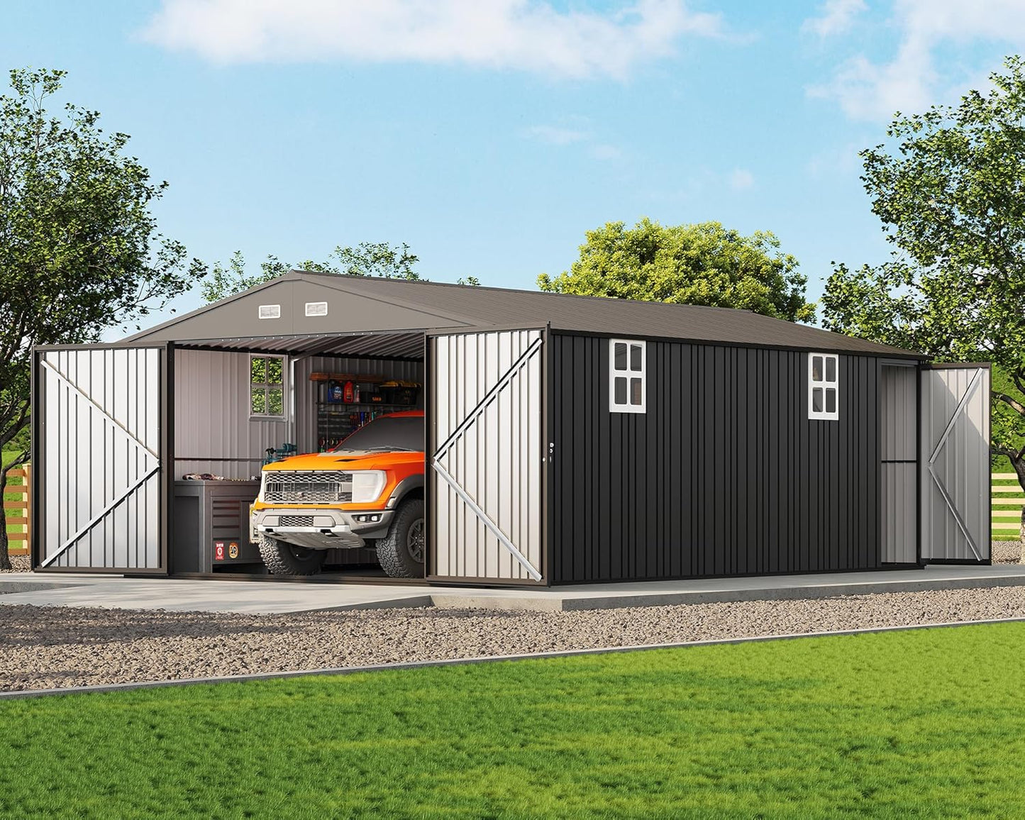 Jocisland 13.2x20.7x8 FT Heavy Duty Carport, Metal carport with 2 Lockable Doors & 4 Windows, Carport Canopy for for Truck, Car, Garbage Can, Tool, Lawnmower, Grey