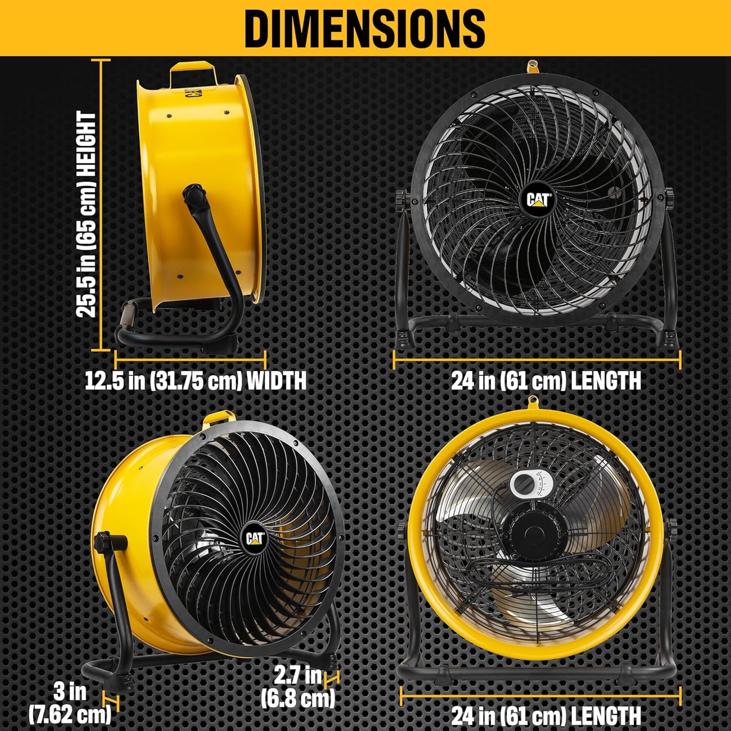 CATERPILLAR 18 inch High Velocity, 3400 CFM, 4 Speed, 360 Degree Metal Heavy Duty Pivioting Drum Air Circulator Fan, Yellow. For Home, Garage, Workshop, & Commerical Use. cETL Certified.