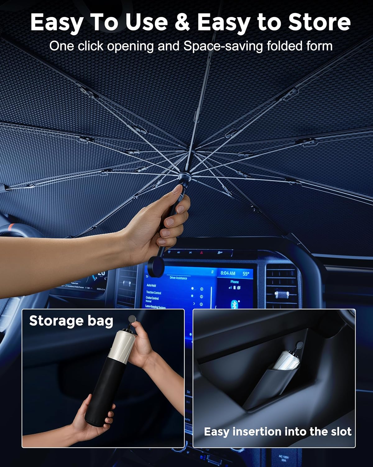 [2025 Upgraded] Weektic Truck Windshield Sun Shade for F-150/Silverado/Tundra/RAM 1500/Sierra - 5 Layers Ice Crystal Coating Blocks 99% UV, Cools Interior | 360° Swivel Handle for Easy Use