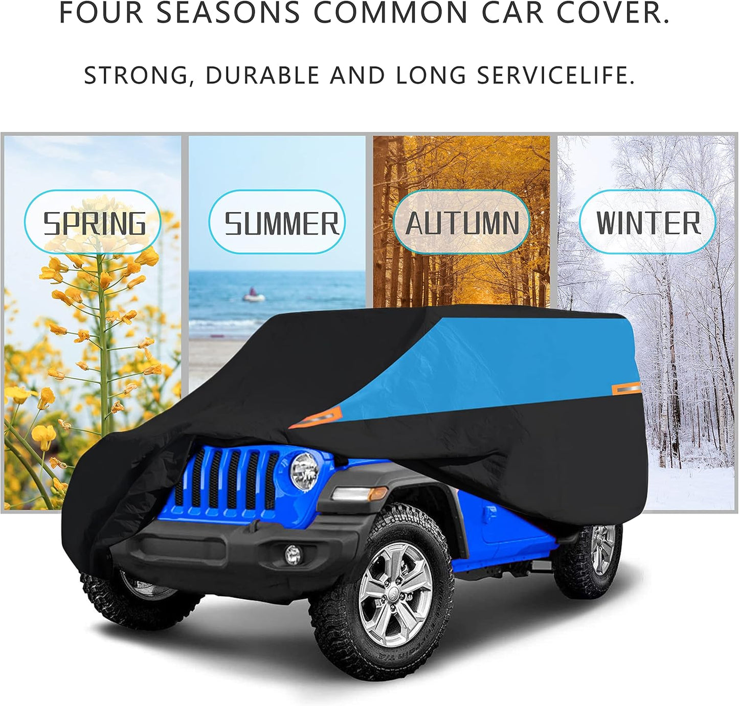 MORNYRAY Compatible with Jeep Wrangler 4 Door, Waterproof Car Cover All Weather Snowproof UV Protection Windproof Outdoor Full car Cover, Universal Fit for (Wrangler 4Door, Blue)