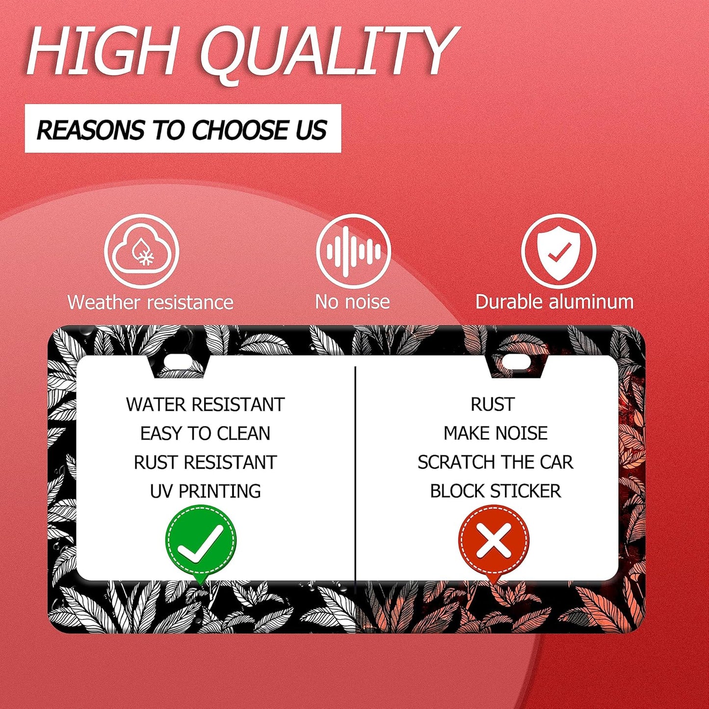 Black White Tropical Leaf License Plate Frame License Plate Stainless Steel Auto Parts License Plate Decorative with Screws Size 12.3" x 6.3" for Men Women