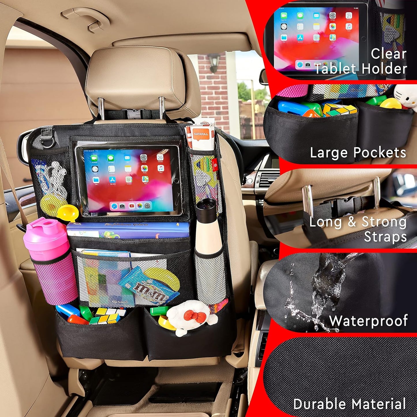 Helteko Backseat Car Organizer, Kick Mats Back Seat Protector with Touch Screen Tablet Holder, Back Seat Organizer for Kids with 9 Storage Pockets, Travel Accessories (2 Pack, Venetian Red)