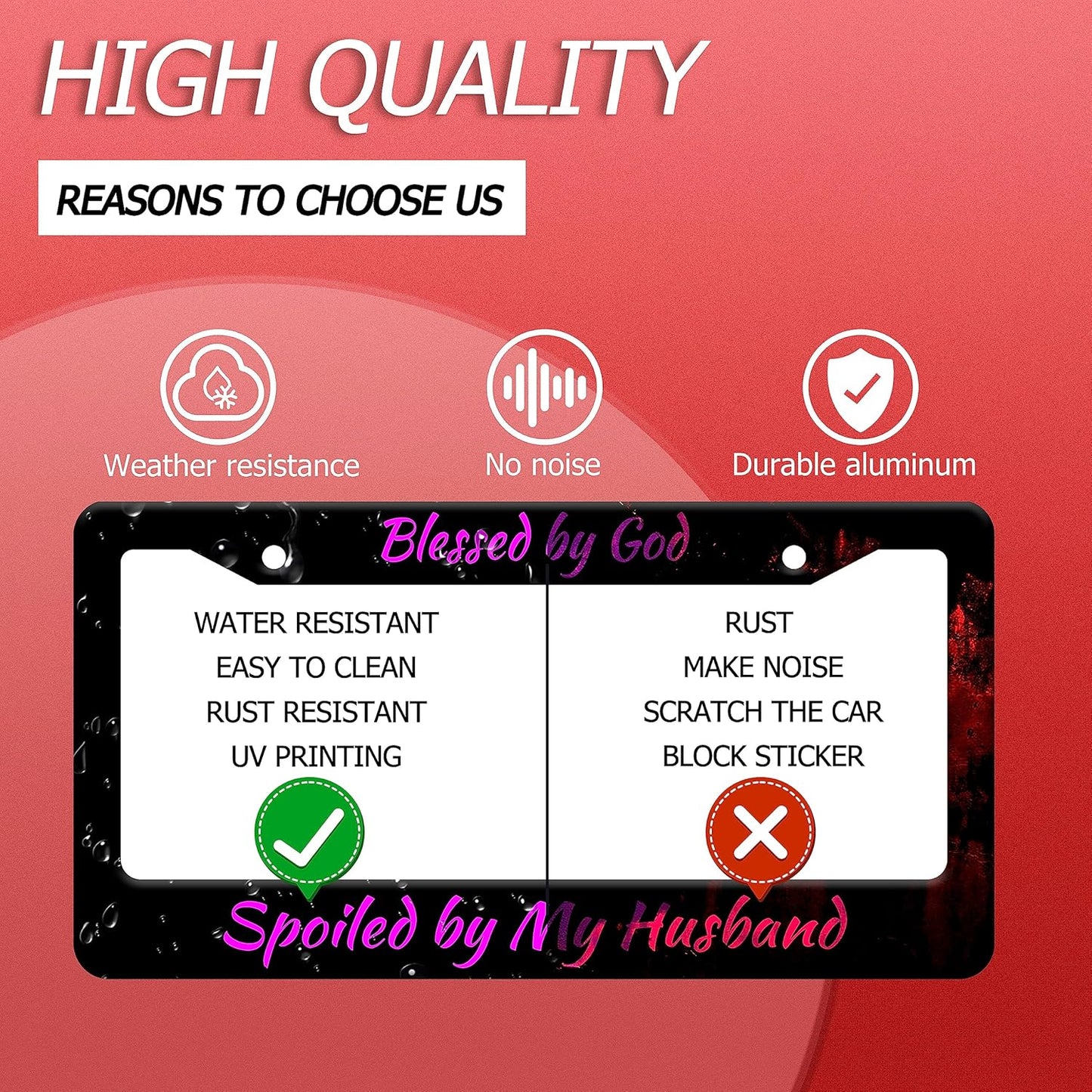 Blessed by God Spoiled by My Husband License Plate Frame Funny Texts License Plate Stainless Steel Parts with Screws Size 12.3" x 6.3" for Men Women