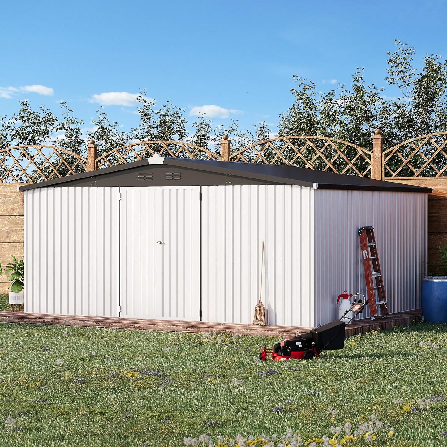 AECOJOY 14' x 12' Outdoor Storage Shed, Large 12x14 Metal Sheds & Outdoor Storage Clearance Steel Yard Shed with Lockable Doors, Utility Tool Storage Garden Shed for Backyard, Patio and Outside use